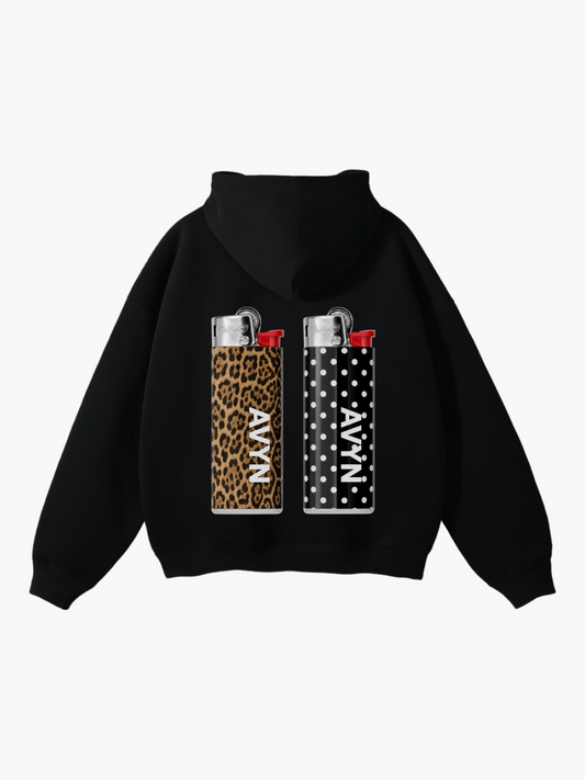 AVYN Twin Flame oversized heavyweight hoodie in black, twin chest motif
