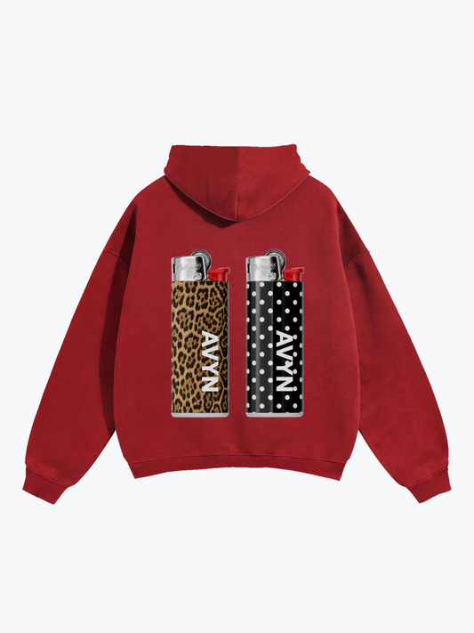 AVYN Twin Flame oversized heavyweight hoodie in red, twin chest motif
