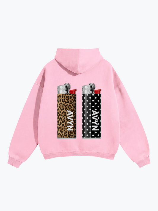 AVYN Twin Flame oversized heavyweight hoodie in pink, twin chest motif