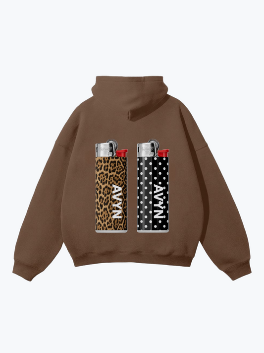 AVYN Twin Flame oversized heavyweight hoodie in brown, twin chest motif