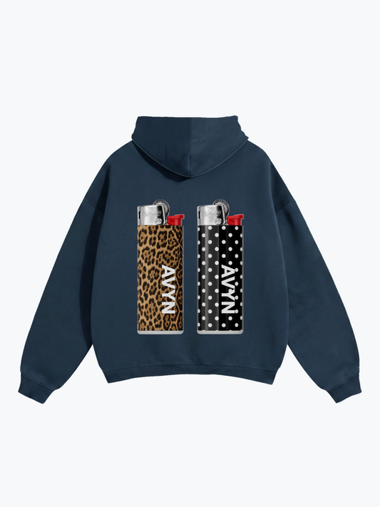 AVYN Twin Flame oversized heavyweight hoodie in navy, twin chest motif