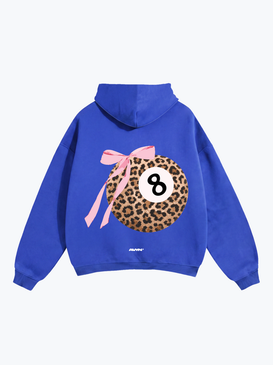 AVYN Lucky Bow Leopard oversized heavyweight hoodie in blue, leopard print bow