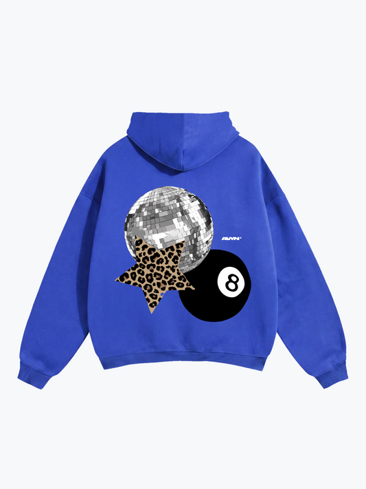 AVYN Lucky Break oversized heavyweight hoodie in blue, lived-in graphic