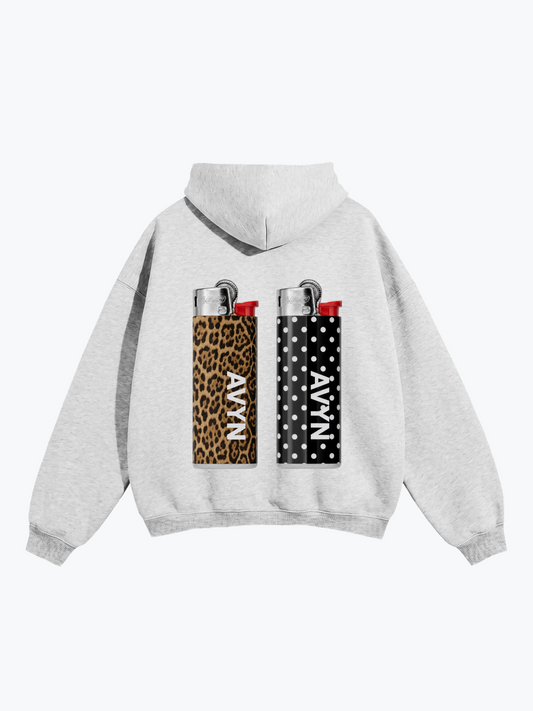 AVYN Twin Flame oversized heavyweight hoodie in gray, twin chest motif